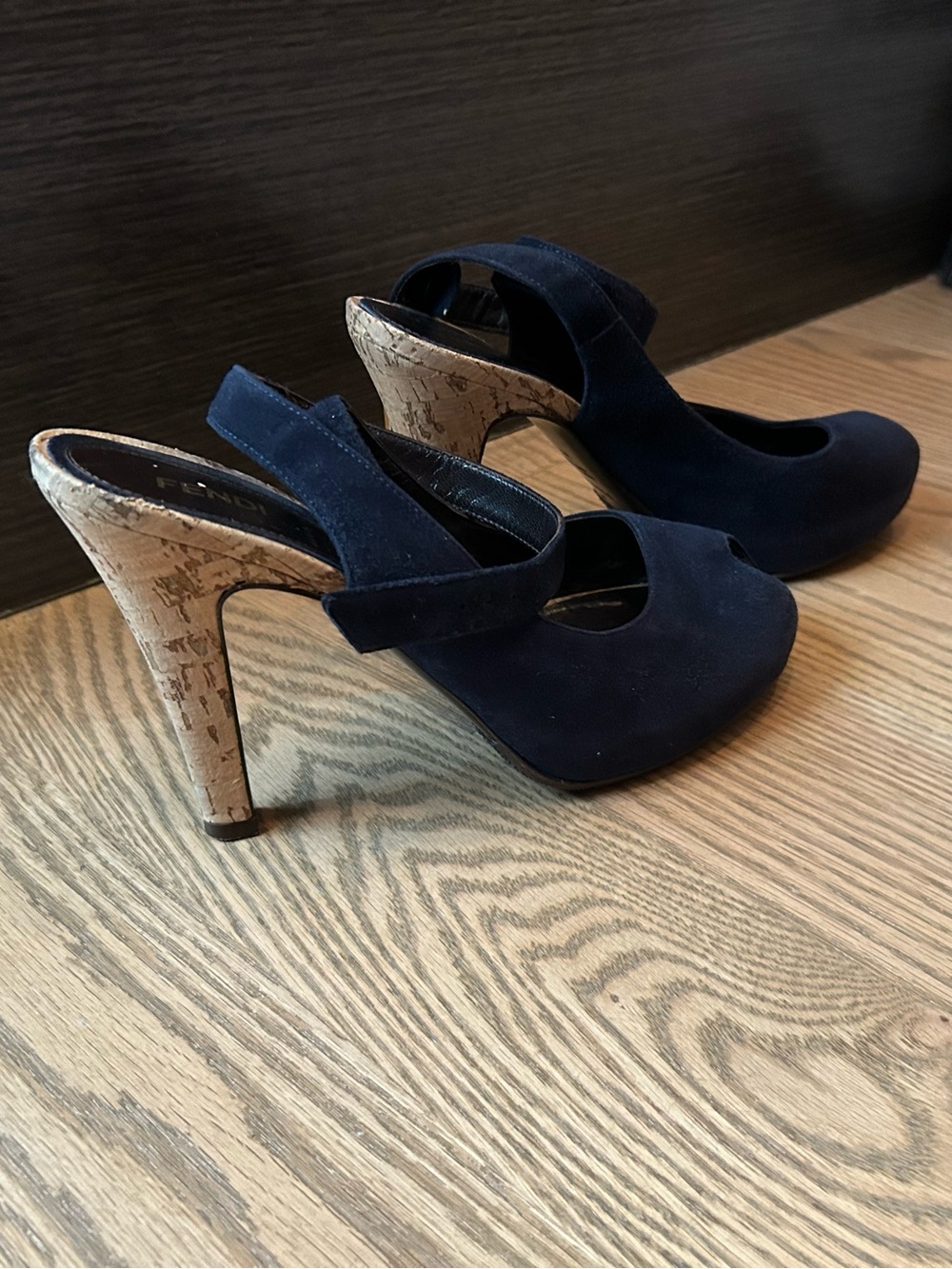 Fendi Navy Suede Cork Heel Slingback Wrap Pumps - Women's